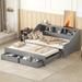 Twin to King Daybed Frame with Storage Bookcases, 2 Drawers, Charging Design, Wooden Daybed with Built-in Bookshelves, Gray