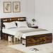 Queen Size Bed Frame with Storage Headboard and 2 Drawers, LED Lights Bed with Charging Station