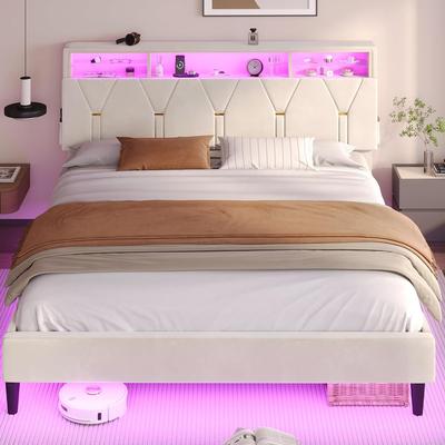 Bed Frame Storage Headboard RGB LED Lights Upholstered Platform