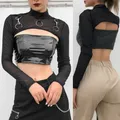 Fashion Women Lady Mesh Long Sleeve O Neck Crop Tops Bikini Cover Up T-Shirt Blouse Sexy Girls