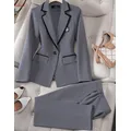 Gray Women's Jacket Sets Long Sleeve One Button Blazer Ankle Length Pants Women Casual Office