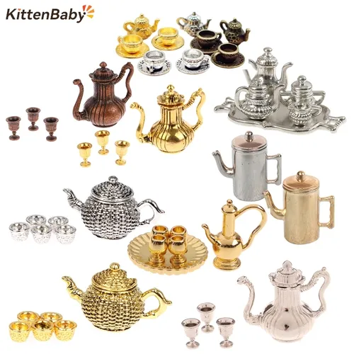 Antike Puppenhaus Miniatur Metall Tee Set/Wein Set Modell Puppenhaus Möbel Miniatur Essgeschirr