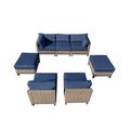 Latitude Run® 7-Piece Outdoor Aluminum Wicker Sectional Seating Group w/ Cushions Wicker/Rattan/Metal in Blue | Wayfair