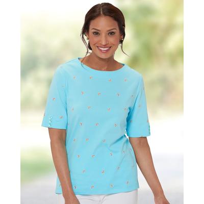 Appleseeds Women's Limited-Edition Essential Cotton Embroidered Elbow-Sleeve Tee - Blue - M - Misses