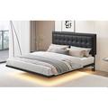 Red Barrel Studio® Annajane PU Upholstered Button Tufted Platform Bed Frame w/ Motion Activated Night Lights Upholstered in Black | Wayfair