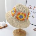 Colorful Crochet Straw Bucket Hat Vintage Flower Color Block Sun Hats Fashion Foldable Travel Beach Hats For Women Girls