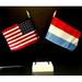 Made in USA. 1 American and 1 Luxembourg Miniature Country Rayon 4 x6 Office Desk Flag. Little Hand Waving Table Flag Includes Crossed White Flag Stand With 2 Small 4 x6 Mini Stick Flags