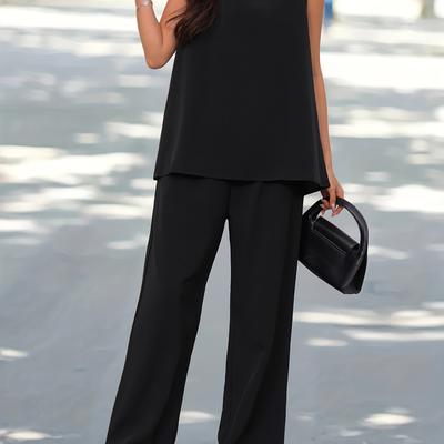 TEMU Solid Matching Two-piece Set, Casual Sleeveless Tank Top & Loose Pants Outfits, Women's Clothing Image