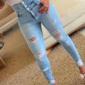 Blue Ripped Holes Skinny Jeans, High Waist Single Breasted Button Slim Fit Denim Pants, Women's Denim Jeans & Clothing