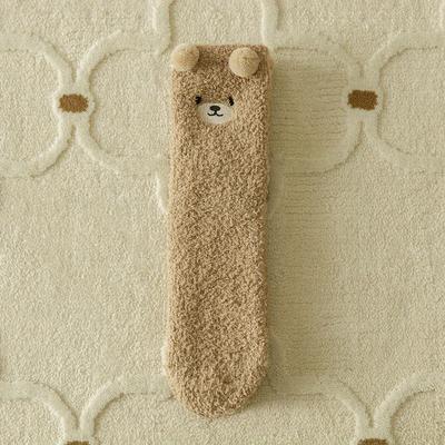 TEMU 1 Pair Women's Cute Bear Fuzzy Coral Fleece Warm Socks, Solid Color Knit Fabric, Polyester 97% Spandex 3%, Machine Washable - Autumn/winter Collection Image