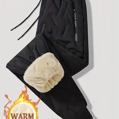 TEMU Men's Warm Fleece-lined Outdoor Pants - Windproof, & Durable For Skiing And Hiking, Casual Geometric Pattern With Pockets Image