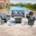 Vcatnet Direct 6 Pieces Outdoor Patio Furniture Sectional Sofa All-weather Conversation Set with Swivel Rocking Chairs and Fire Pit Table for Garden Poolside Denim blue