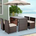 5 Pieces Patio Dining Set Space Saving Wicker Patio Furniture Conversation Set with Glass Table and Seat Cushions Outdoor Sectional Table and Chairs for Garden Lawn Porch (Beige)