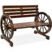 2-Person Wooden Wagon Wheel Bench for Backyard Patio Porch Garden Outdoor Lounge Furniture w/Rustic Country Design Slatted Seat and Backrest - Brown