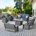 Vcatnet Direct 8 Pieces Outdoor Patio Furniture Sectional Sofa All-weather Conversation Set with Swivel Rocking Chairs and Fire Pit Table for Garden Poolside Denim blue