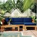 Direct Wicker Outdoor Patio Wood 5-Piece Sectional Sofa Seating Group Set with Blue Cushions