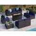 8 Pieces Patio Furniture Set with 45 Plate Embossing Propane Fire Table Outdoor PE Rattan Sectional Sofa Set Patio Gas Fire Pit Conversation Set with Blue Cushions & Glass Table