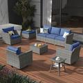 Vcatnet 9 Pieces Outdoor Patio Furniture Sectional Sofa All-weather Conversation Set with Swivel Rocking Chairs and Coffee Table for Garden Poolside Denim blue