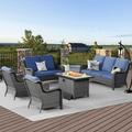 Vcatnet Direct 5 Pieces Outdoor Patio Furniture Sectional Sofa All-weather Conversation Set with Fire Pit Table for Garden Poolside Denim blue