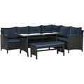 durable 4 Pieces Patio Wicker Dining Sets Outdoor PE Rattan Sectional Conversation Set with Cushions & Dining Table Bench for Garden Backyard Lawn Navy Blue