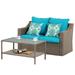 Outdoor Brown Wicker PE Rattan Patio Sofas Double Couch Set With Coffee Table Couch Cushion