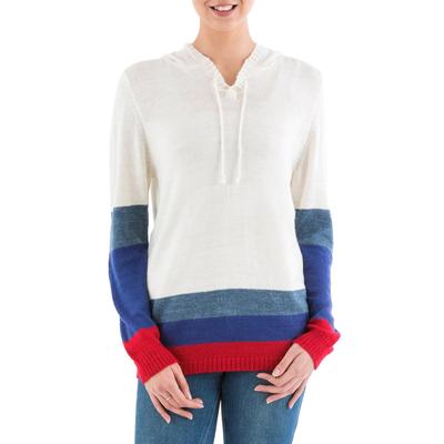 Ivory Imagination,'Ivory Hoodie Sweater with Blue and Red Stripes'