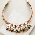 Anthropologie Jewelry | 2/$30 Anthropologie Braided Blooms Bib Necklace Floral Rope Leather Crystal | Color: Brown/Cream | Size: Os