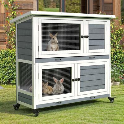 Moasis 41-inch 2-Tier Wooden Rabbit Hutch Bunny Cage with Removable Tray and Wheels
