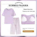Summer Capris Nightwear With Bust Padded Young Womens Pajama Sets Pyjamas Plaid Sleepwear Girls