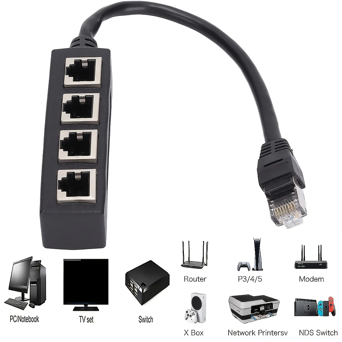 Ethernet-Splitter, RJ45 1 Stecker auf 4 x Buchse LAN-Ethernet-Splitter-Adapterkabel, geeignet für Super Cat5, Cat5e, Cat6, Cat7 LAN-Adapter Image