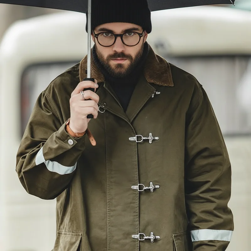 Maden Vintage Cord Turn-Down Trenchcoat für Männer Herbst dunkelgrüne mittellange Jacke Herren Loose-Fit Oberbekleidung Streetwear