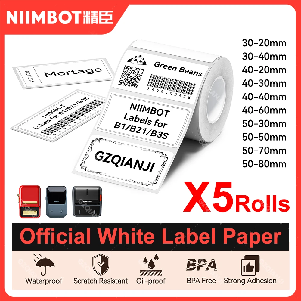 5 Rollen Niimbot Thermo papier für b21 b1 Drucker Home-Office-Etiketten rollen buntes Klebe papier quadratisch bedruckbare Aufkleber papiere Image