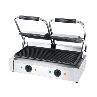 MoTak PGDG19 Double Commercial Panini Press w/ Cast Iron Grooved Plates, 120v, Stainless Steel, Grooved Cast Iron Plates