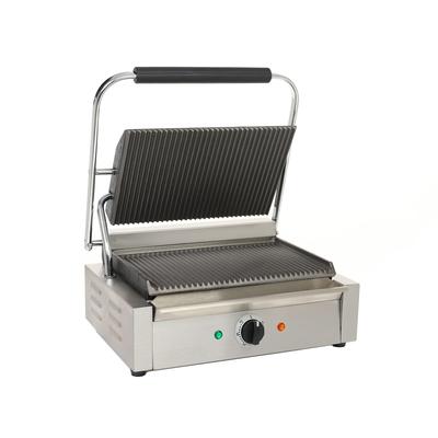 MoTak PGSG14 Single Commercial Panini Press w/ Cast Iron Grooved Plates, 120v, Stainless Steel, Grooved Cast Iron Plates