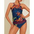 Women's Swimwear Blouson tankini Swimsuit Drawstring Removable Pad Boho / Paisley / Damask Navy Blue High Neck Bathing Suits Print New Vacation Beach Wear Beach