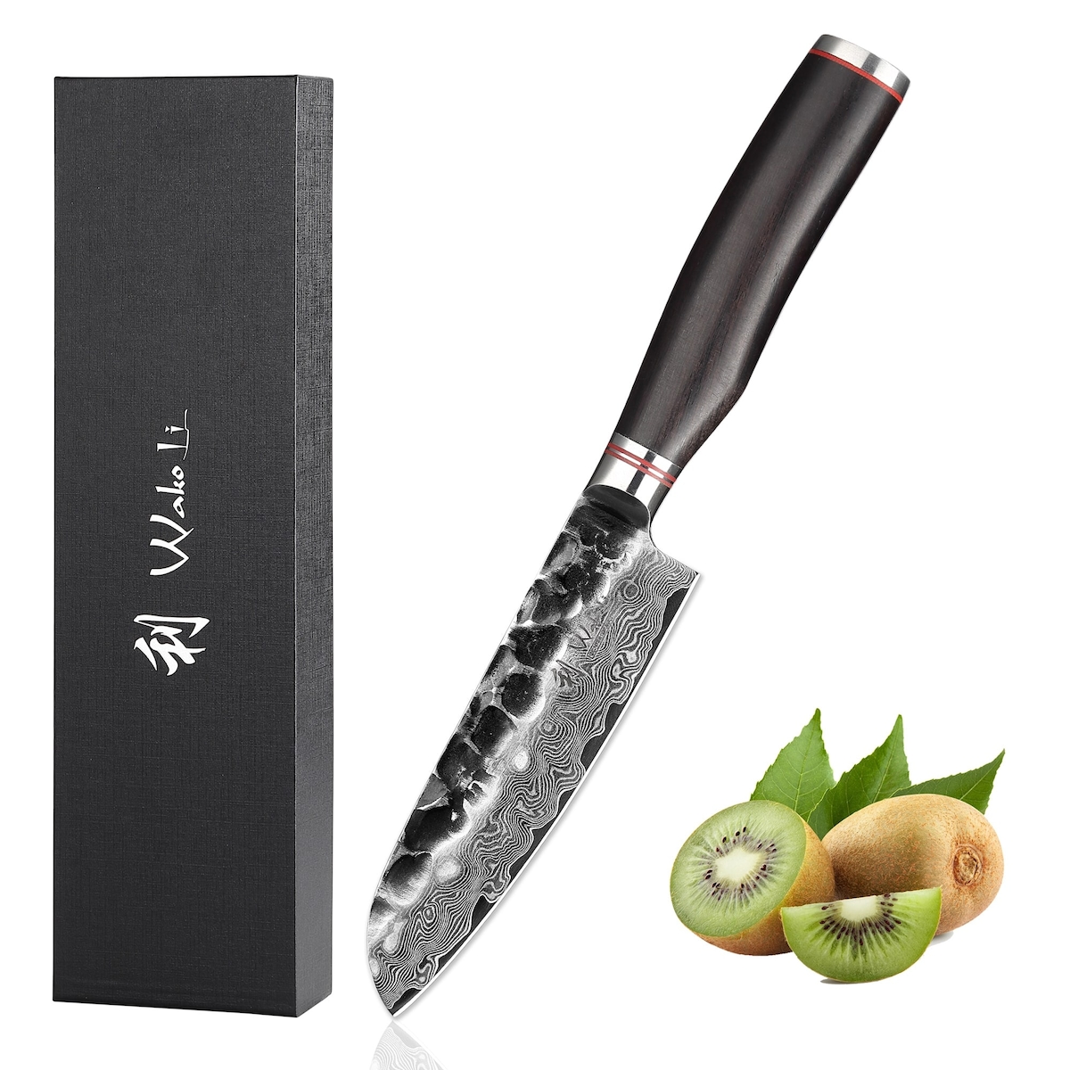 Wakoli EBO Damast Kleines Santokumesser 12 cm Klinge I schwarzer Eichenholzgriff Image