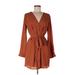 Forever 21 Cocktail Dress - Shirtdress V-Neck Long sleeves: Brown Solid Dresses - Women's Size Large