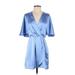 H&M Cocktail Dress - Mini V Neck Short sleeves: Blue Solid Dresses - Women's Size Small