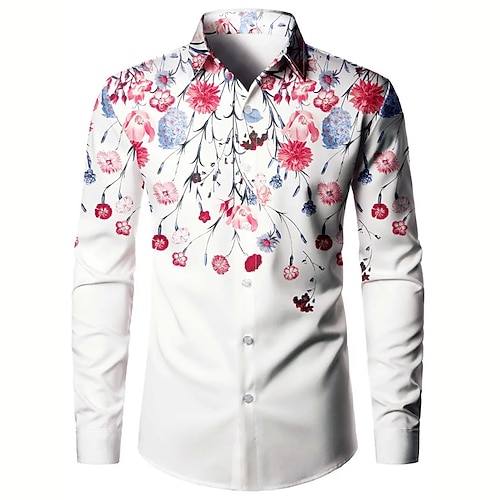 Herren Blumen Hemd Knopfhemd Langarm Brautkleider schlicht Outdoor Strasse Casual Herbst Winter Umlegekragen Knopf Bedruckt Schwarz Weiß Gelb Image
