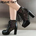REAVE CAT Fashion Women stivaletti punta tonda Block tacchi alti piattaforma 9cm 2cm Zipper Glitter