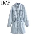 TRAF 2024 blu Mini abito in Denim donna Vintage Jean Shirt Dress donna manica lunga abiti corti per