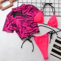 Women's 3pcs Bikini Sets Leopard Short Sleeve Crop Top+Bikini Set Bandage Swimwear Swimsuit Bathing