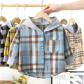 Children's Spring And Autumn Shirt New Children's Boys Hooded Plaid Shirt Girls Baby Long-Sleeved