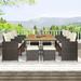 Chair & Table Set with Wood Tabletop, 11-piece Conversation Set with Brown Rattan + Beige Cushion, Patio Dining Table Set