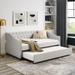 Twin Upholstered Daybed with Trundle - Tufted Sofa Bed, Soft Beige Fabric