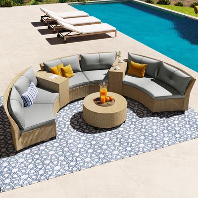 6 - Person Fan-shaped Rattan Suit Combination w/Cushions & Table, Gray