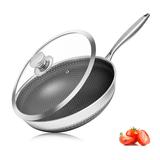 Stainless Steel Wok Pan with Glass Lid 12 Inch Nonstick Stir Frying Pan Induction Compatible and Dish Washer Safe