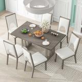 7-Piece Wood Dining Table for 6, Farmhouse Rectangular Tabletop & Upholstered Chairs, Kitchen Furniture Sets w/ Soft Cushions