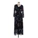 Calvin Klein Casual Dress - Midi V-Neck 3/4 sleeves: Black Floral Dresses - Women's Size 10