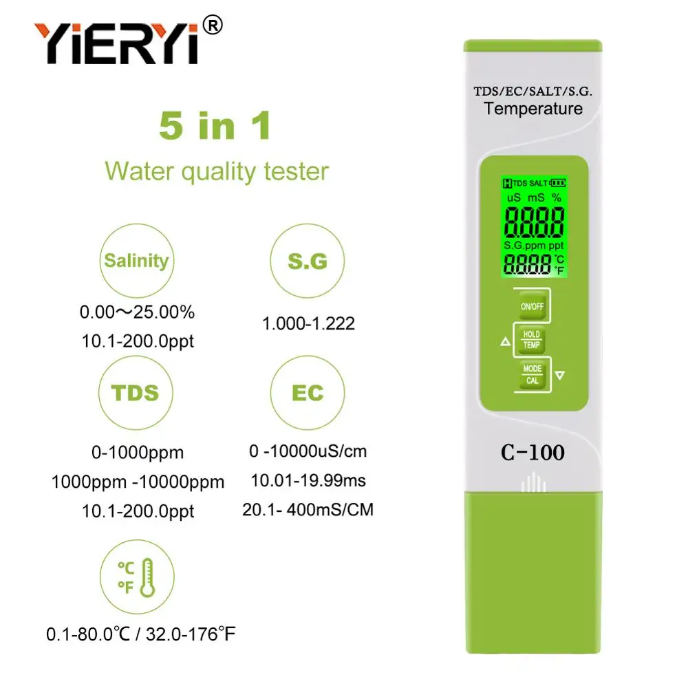 Yieryi 5 in 1 TDS/EC/SALZ/S.G./temperatur Meter Digitale Wasser Qualität Monitor Tester für Pools, Trinkwasser, Aquarien Image